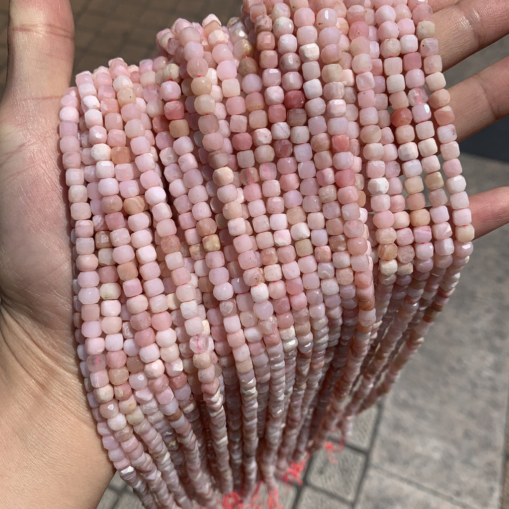 Natural Pink Opal Cube Faceted Beads 4.5mm Gemstone Loose Pink Opal Stone Square Beads for Jewelry DIY Making Strand 15.5" Garde AAA