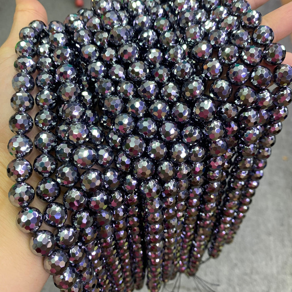 Natural Terahertz Faceted Bead Energy Silver TeraHertz Gemstone Bead Loose Terahertz Stone Beads 6mm 8mm 10mm 12mm 15.5 Inch AAA