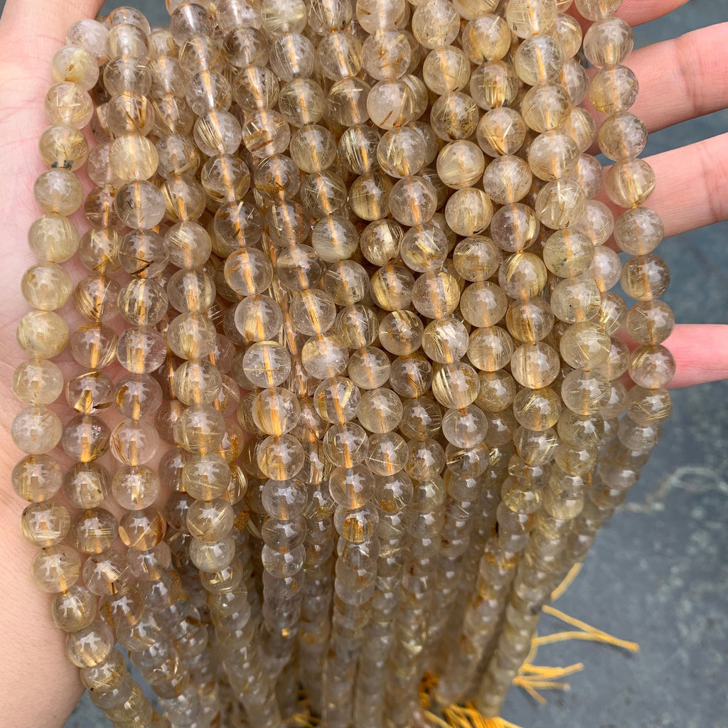 Natural Golden Rutilated Quartz Round Beads 6mm 8mm Gemstones semi-precious stone Loose Beads for Jewelry Making 15.5 Inch