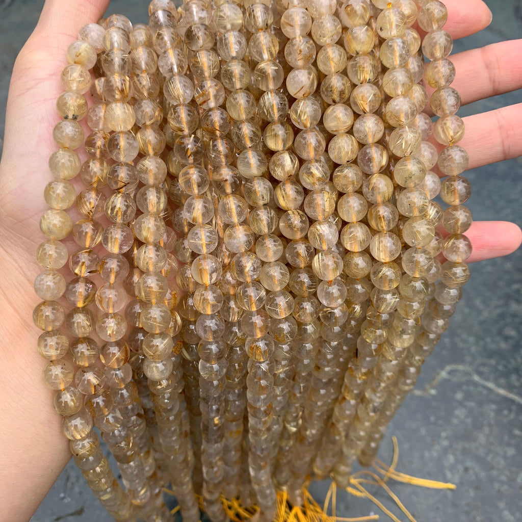Natural Golden Rutilated Quartz Round Beads 6mm 8mm Gemstones semi-precious stone Loose Beads for Jewelry Making 15.5 Inch
