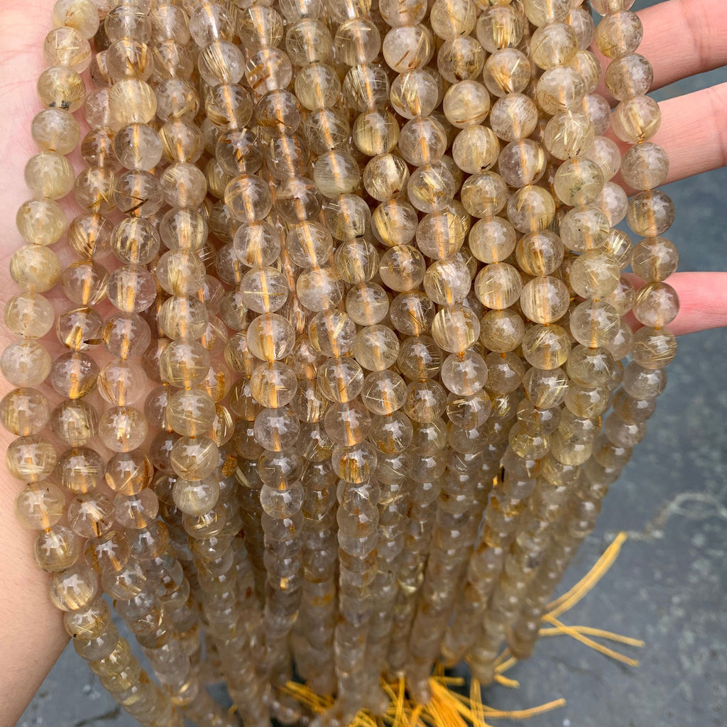 Natural Golden Rutilated Quartz Round Beads 6mm 8mm Gemstones semi-precious stone Loose Beads for Jewelry Making 15.5 Inch