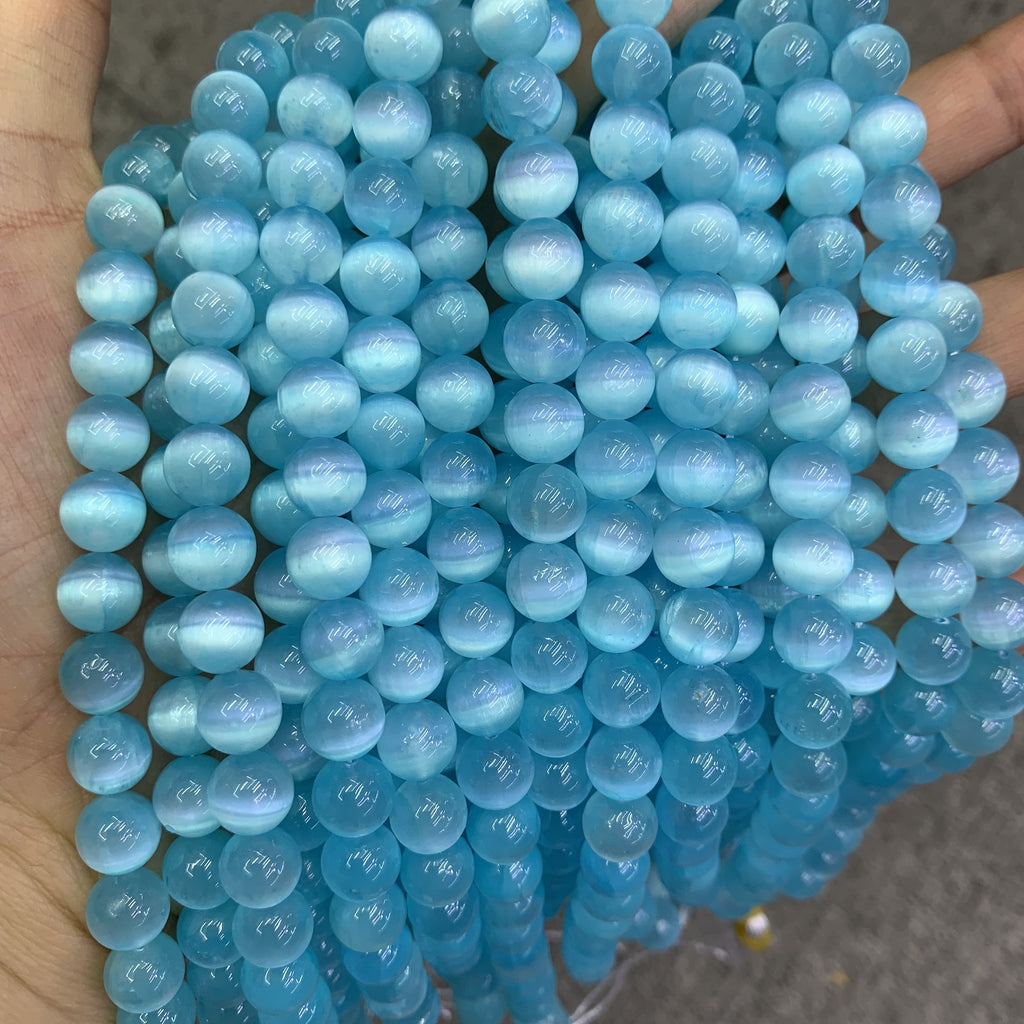 Natural Blue Selenite Round Bead Selenite Loose Beads Gemstone Beads Blue Selenite Gemstone Loose Bead 6mm 8mm 10mm 15.5 Inch AAA