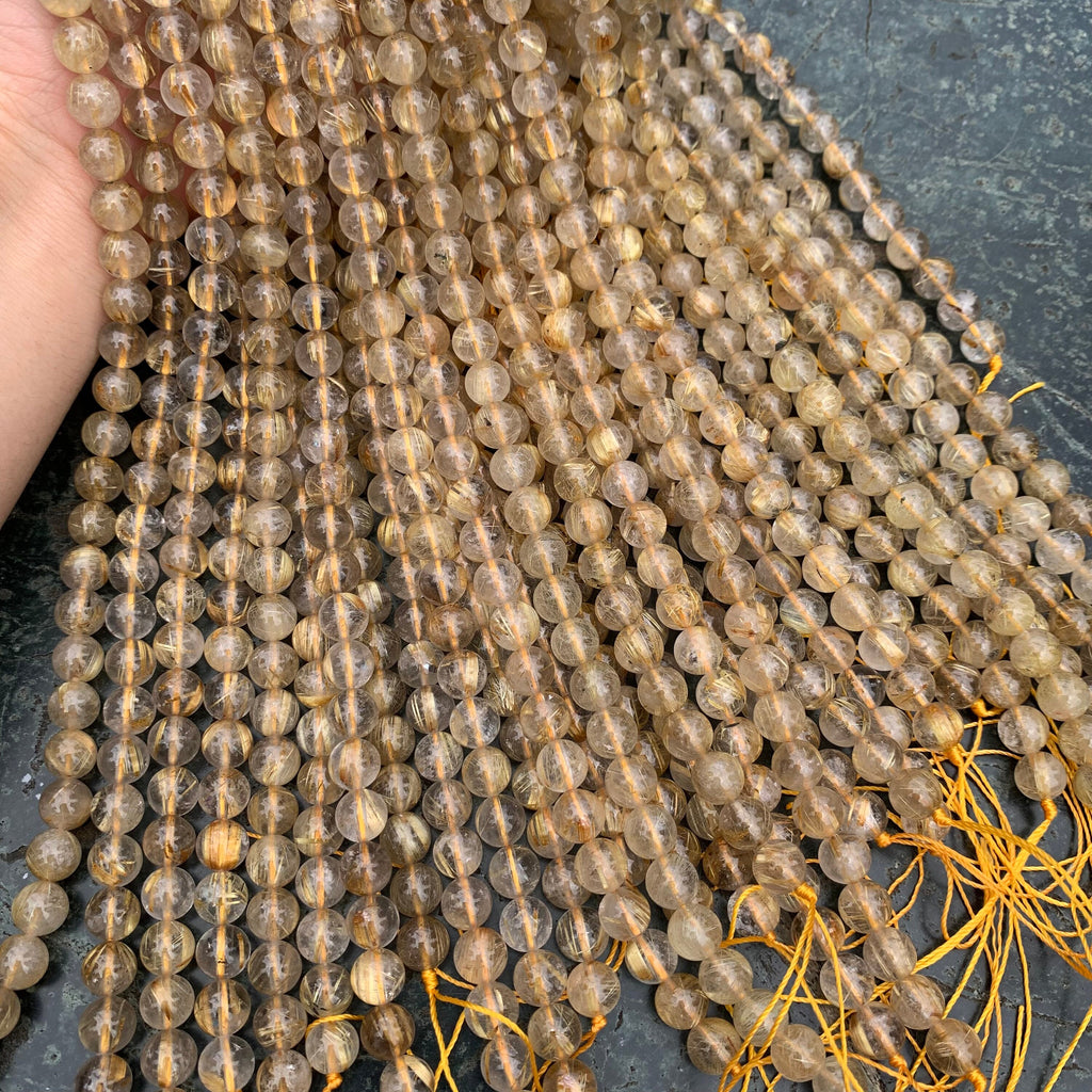 Natural Golden Rutilated Quartz Round Beads 6mm 8mm Gemstones semi-precious stone Loose Beads for Jewelry Making 15.5 Inch