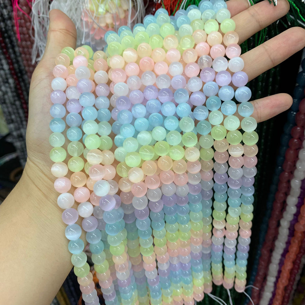Natural Selenite Round Bead Selenite Loose Beads Gemstone Beads Rainbow Multi Color Selenite Gemstone Loose Bead 6mm 8mm 15.5 Inch AAA