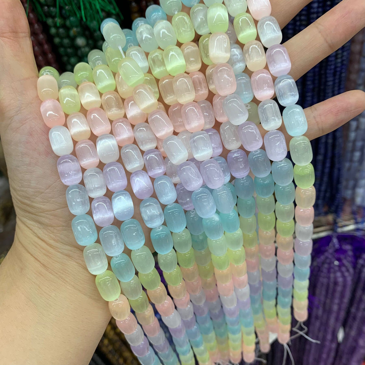 Natural Selenite Barrel Shape Bead Selenite Loose Beads Gemstone Beads Rainbow Multi Color Selenite Gemstone Loose Bead 8*12mm 15.5