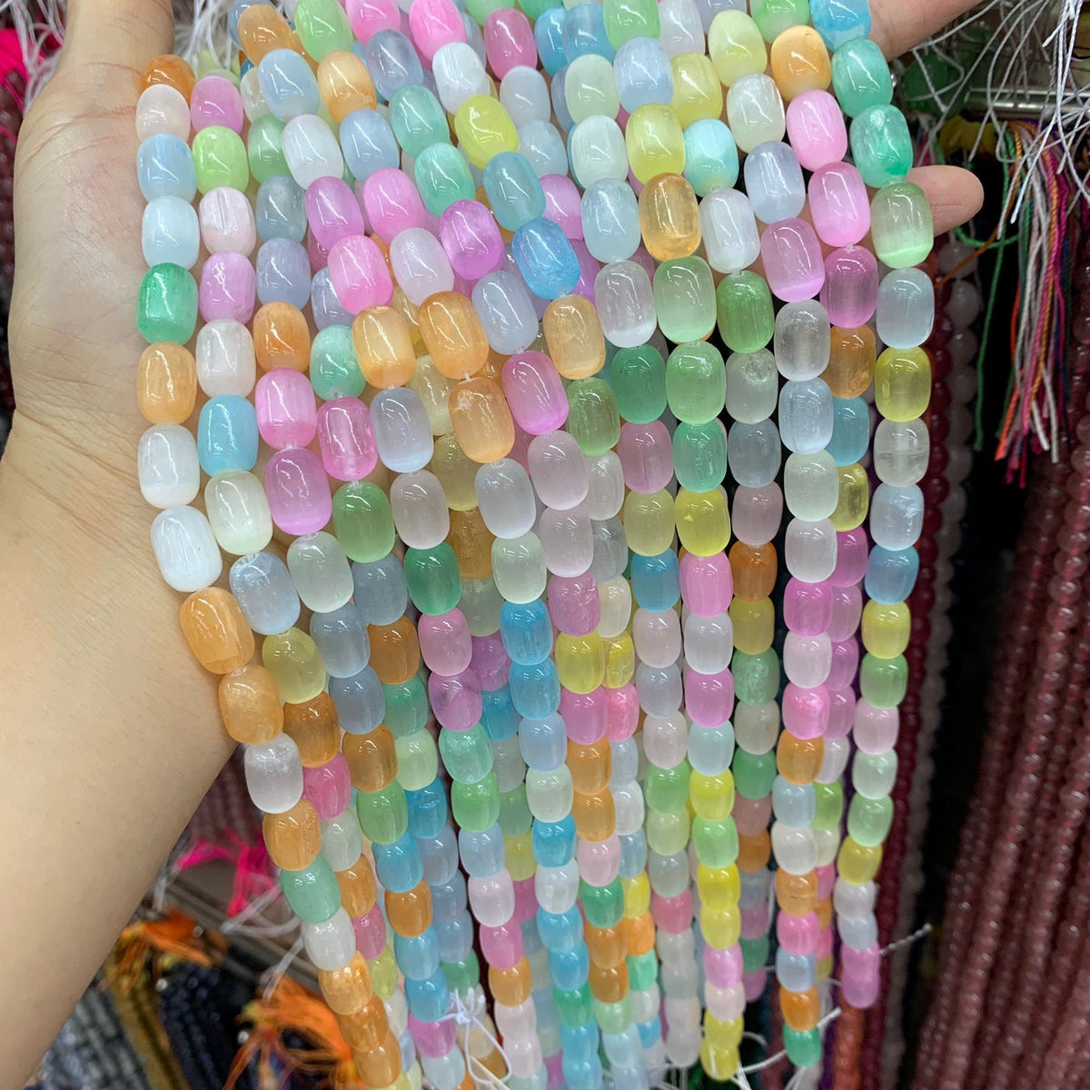 Natural Selenite Barrel Shape Bead Selenite Loose Beads Gemstone Beads Rainbow Multi Color Selenite Gemstone Loose Bead 8*12mm 15.5