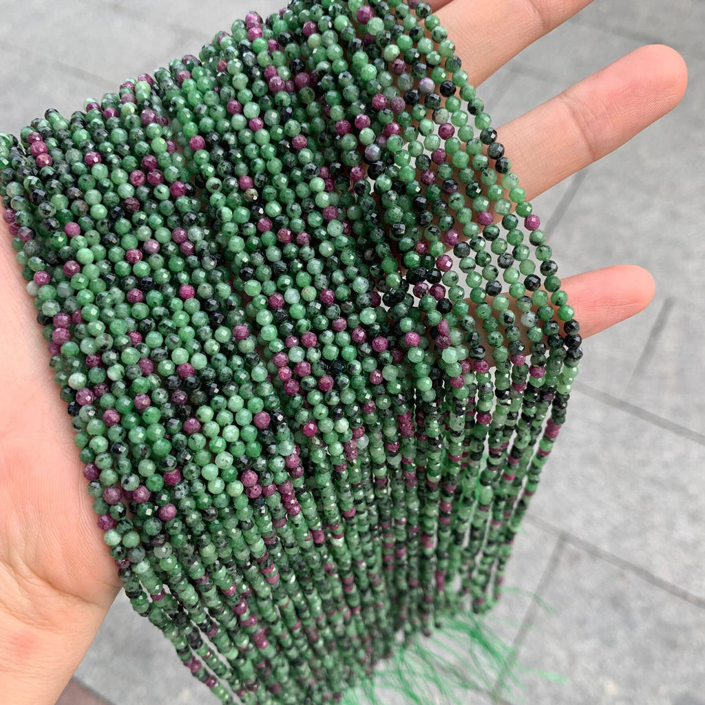 Natural Ruby in Zoisite Beads 3mm Faceted Beads Gemstone Round Loose Green Color Bead for Jewelry DIY Making Strand 15.5" Garde AAA