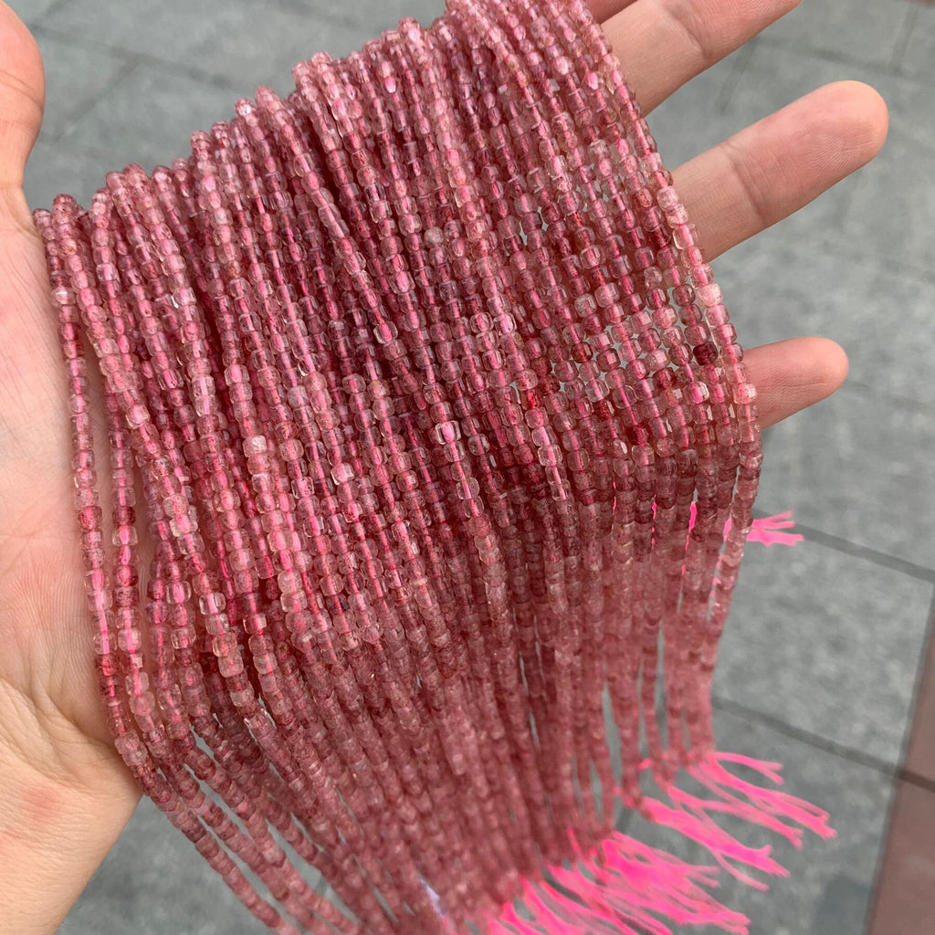 Natural Strawberry Quartz Cube Shape Beads 3*3mm Faceted Beads Gemstone Loose Pink Color Bead for Jewelry DIY Making Strand 15.5" Garde AAA