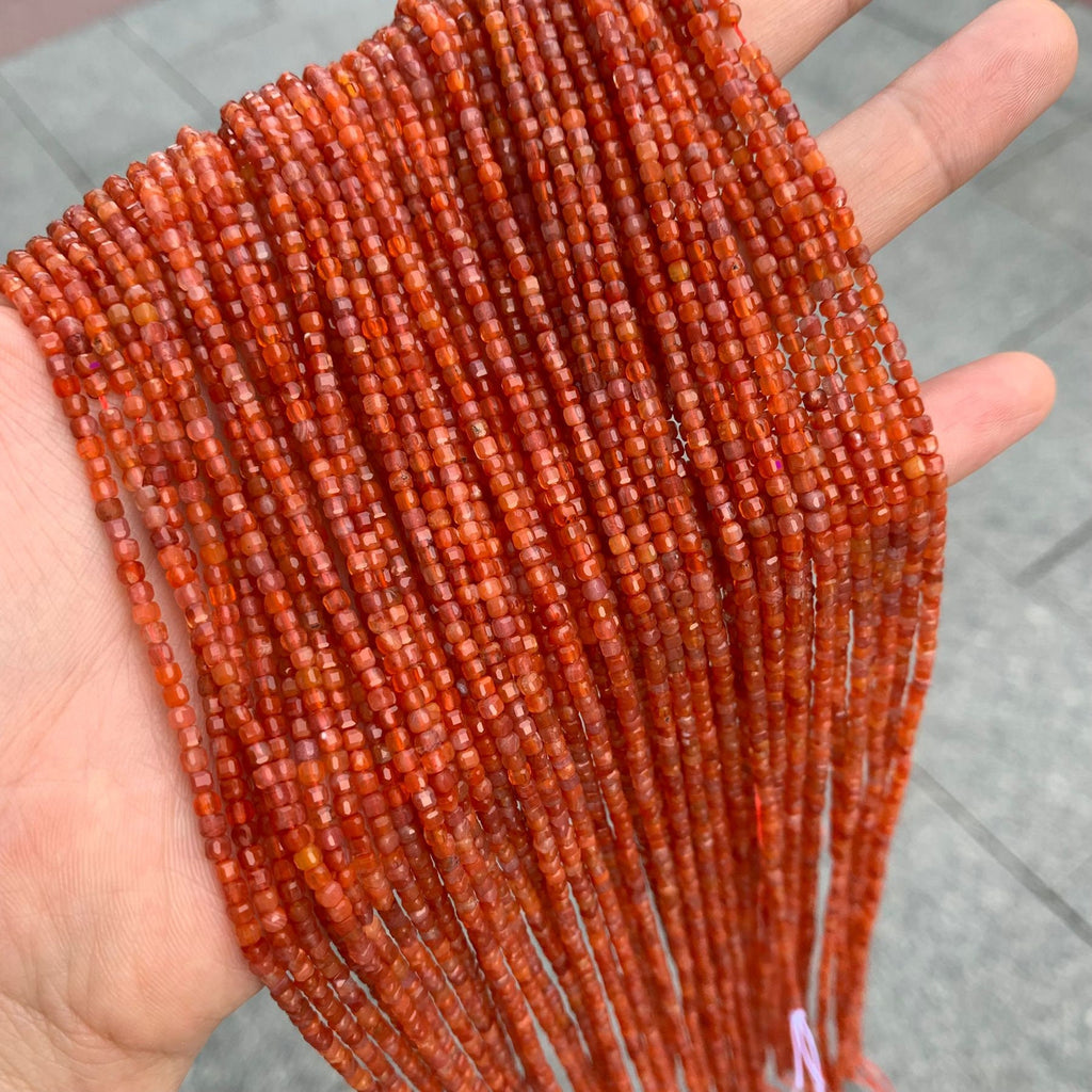 Natural China Carnelian Cube Faceted Beads 2mm Gemstone Round Loose Red Agate Beads for Jewelry DIY Making Strand 15.5" Garde AAA