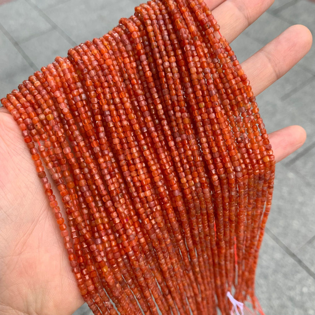 Natural China Carnelian Cube Faceted Beads 2mm Gemstone Round Loose Red Agate Beads for Jewelry DIY Making Strand 15.5" Garde AAA