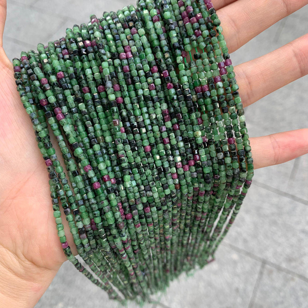 Natural Ruby in Zoisite Beads 2mm Faceted Beads Gemstone Cube Shape Loose Green Color Bead for Jewelry DIY Making Strand 15.5" Garde AAA