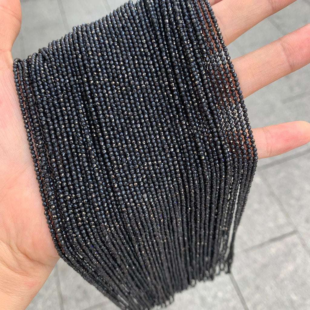 Natural Black Spinel Micro Faceted RoundBeads 2mm Black Gemstones Loose Beads for Jewelry Making 15.5 Inch Strand AAA