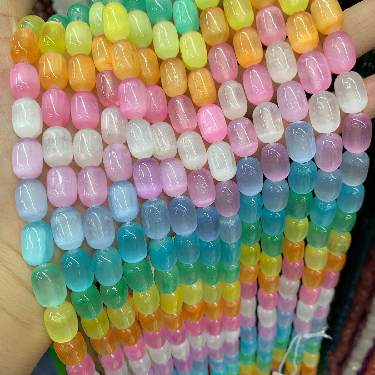 Natural Selenite Barrel Shape Bead Selenite Loose Beads Gemstone Beads Rainbow Multi Color Selenite Gemstone Loose Bead 8*12mm 15.5 Inch AAA