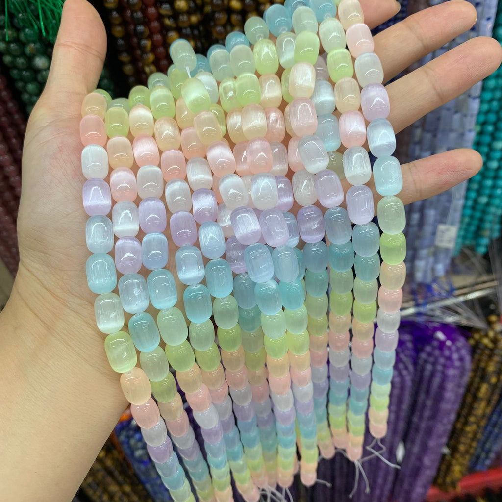 Natural Selenite Barrel Shape Bead Selenite Loose Beads Gemstone Beads Rainbow Multi Color Selenite Gemstone Loose Bead 8*12mm 15.5