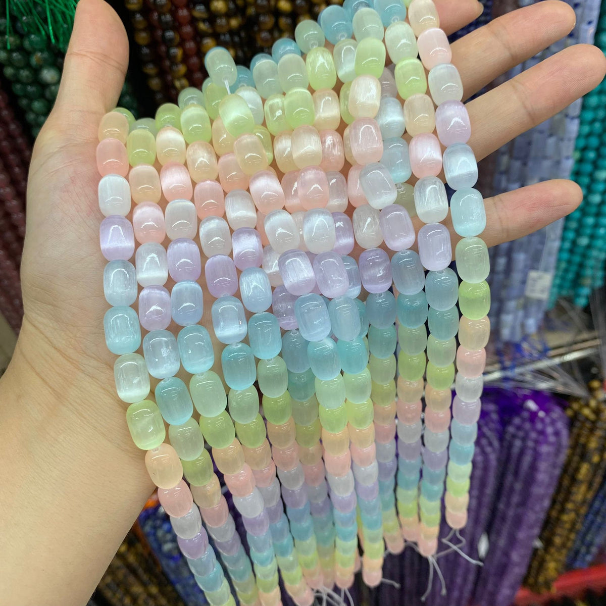 Natural Selenite Barrel Shape Bead Selenite Loose Beads Gemstone Beads Rainbow Multi Color Selenite Gemstone Loose Bead 8*12mm 15.5