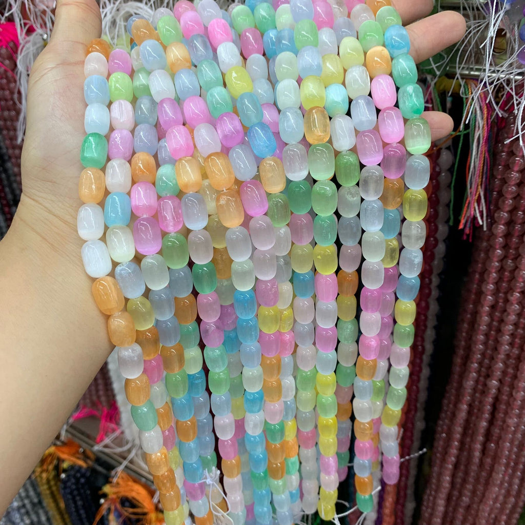 Natural Selenite Barrel Shape Bead Selenite Loose Beads Gemstone Beads Rainbow Multi Color Selenite Gemstone Loose Bead 8*12mm 15.5