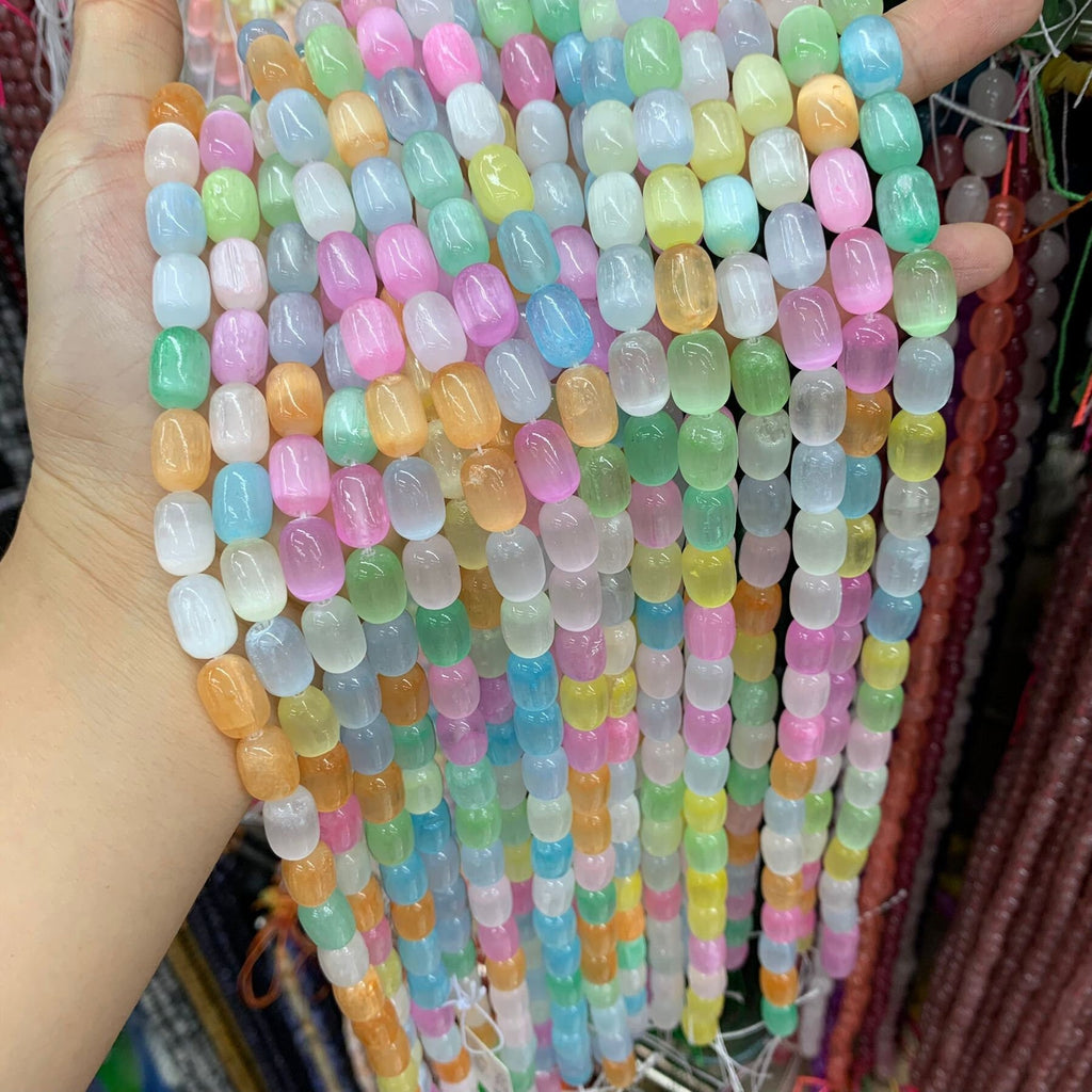 Natural Selenite Barrel Shape Bead Selenite Loose Beads Gemstone Beads Rainbow Multi Color Selenite Gemstone Loose Bead 8*12mm 15.5