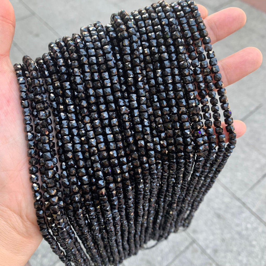 Natural Black Spinel Micro Faceted Cube Beads 4*4mm Black Gemstones Loose Beads for Jewelry Making 15.5 Inch Strand AAA