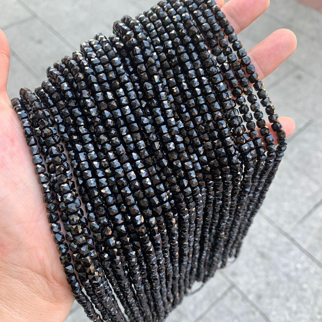 Natural Black Spinel Micro Faceted Cube Beads 4*4mm Black Gemstones Loose Beads for Jewelry Making 15.5 Inch Strand AAA