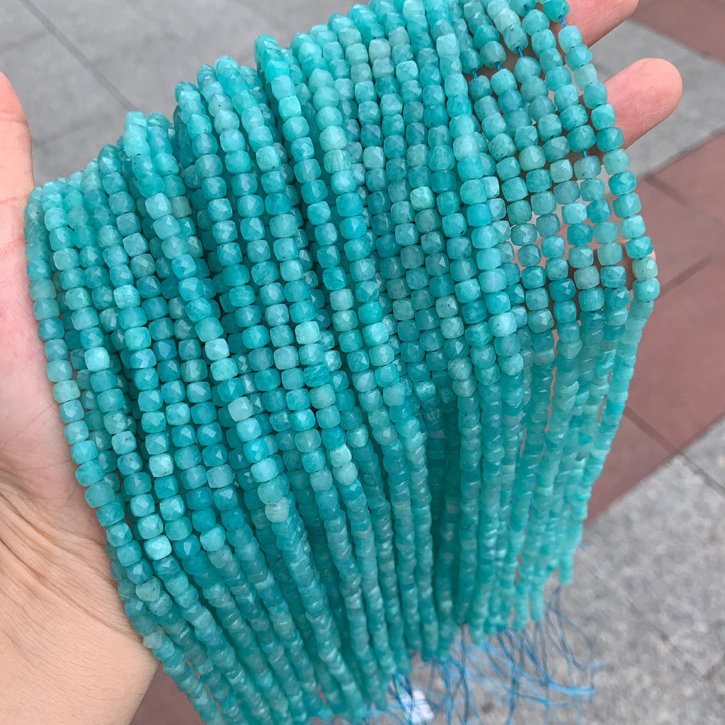 Natural Micro Amazonite Cube Facted Beads Amazonite Beads 5mm 4mm Amazonite Gemstones Loose Beads for Jewelry Making 15.5 Inch Strand AAA