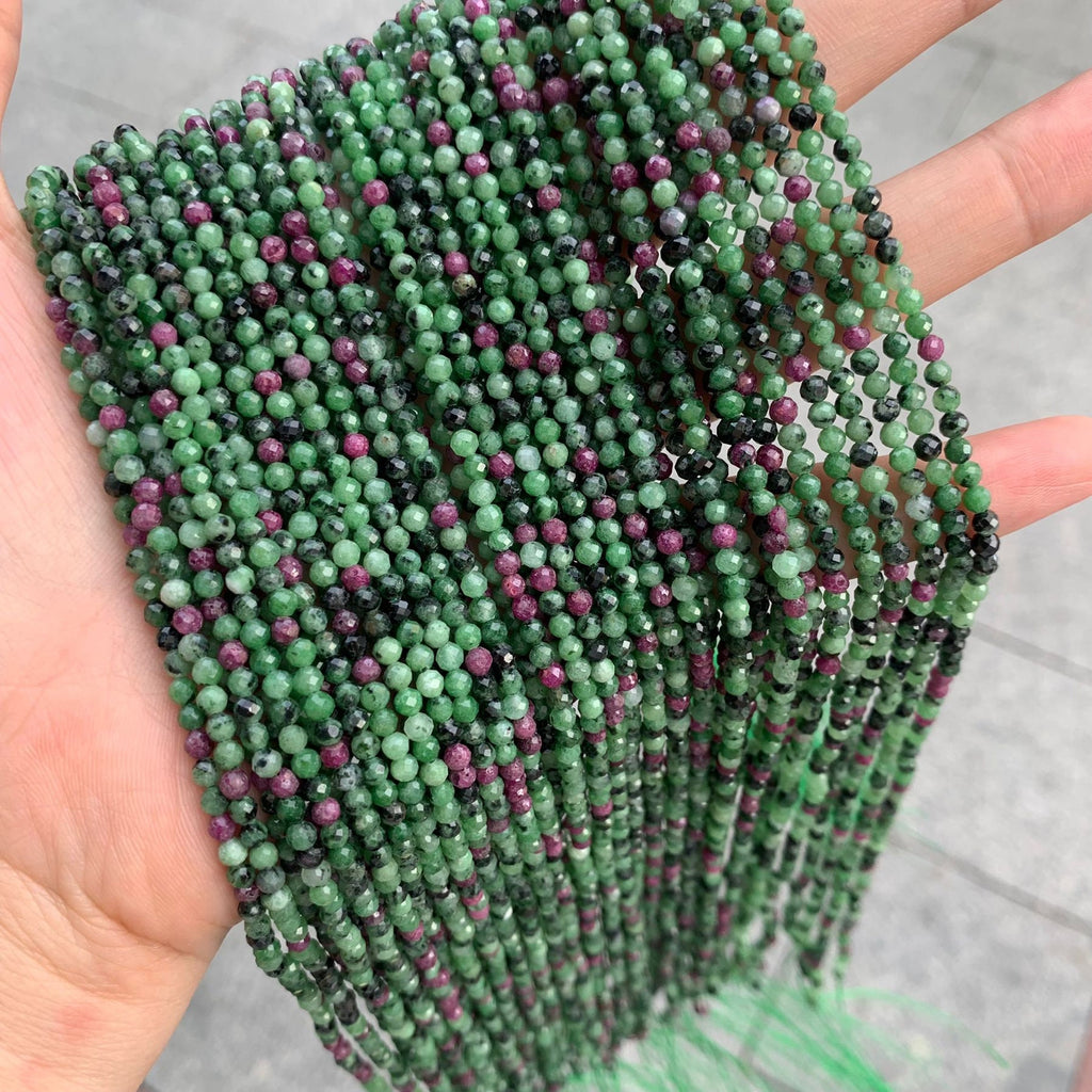 Natural Ruby in Zoisite Beads 3mm Faceted Beads Gemstone Round Loose Green Color Bead for Jewelry DIY Making Strand 15.5" Garde AAA