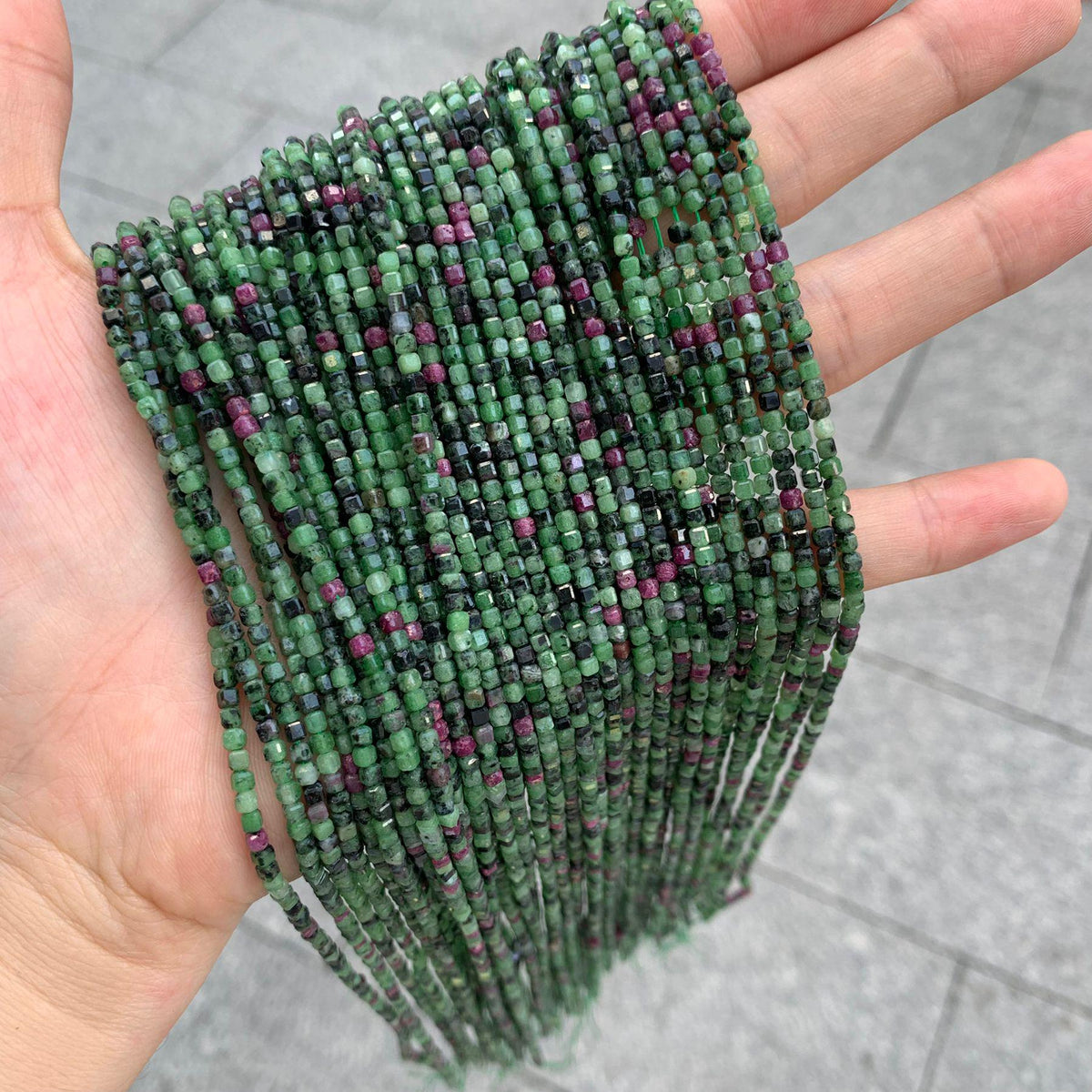 Natural Ruby in Zoisite Beads 2mm Faceted Beads Gemstone Cube Shape Loose Green Color Bead for Jewelry DIY Making Strand 15.5" Garde AAA