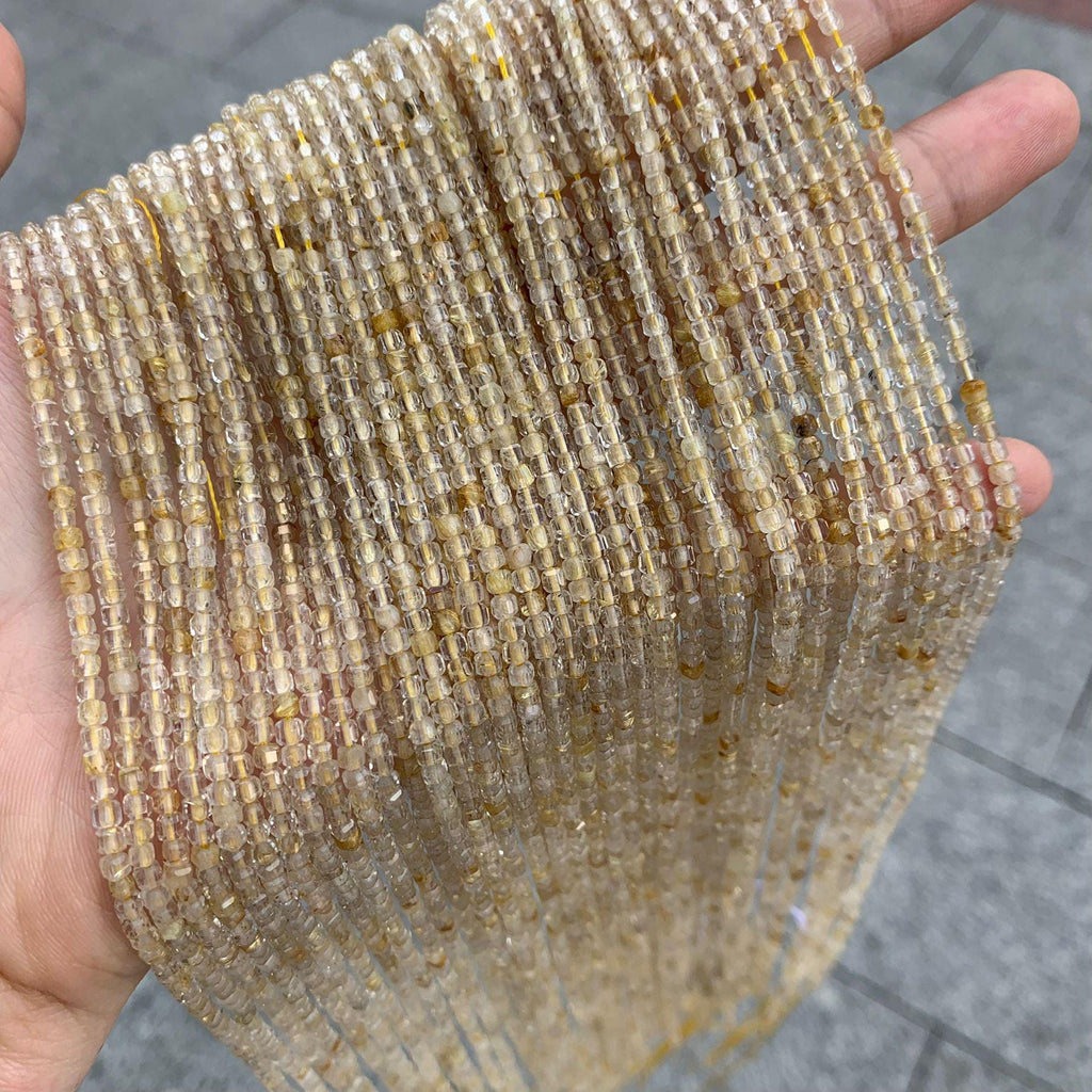 Natural Multi Gold Rutilated Quartz Beads Micro Faceted Cube Bead 2.5mm Gemstones Loose Bead for Jewelry DIY Making 15.5 Inch Strand AAA