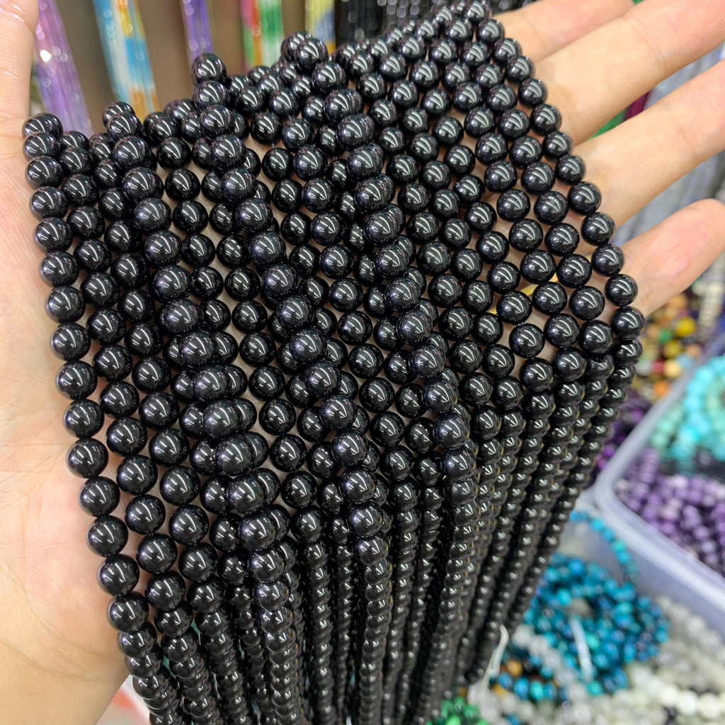 Natural Black Tourmaline 6mm 8mm Round Shape Beads Smooth Black Tourmaline Stone 15.5" for Jewelry Making