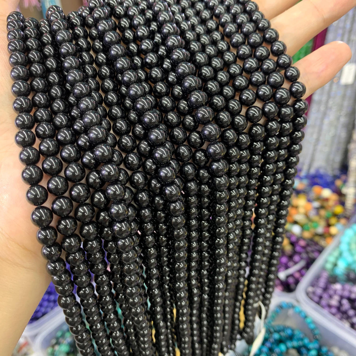 Natural Black Tourmaline 6mm 8mm Round Shape Beads Smooth Black Tourmaline Stone 15.5" for Jewelry Making