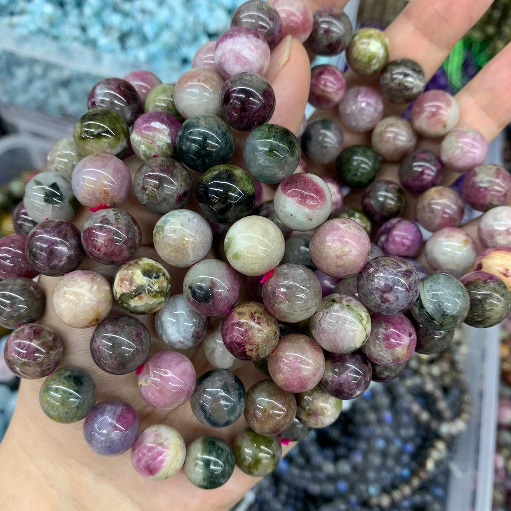 Natura Tourmaline Round Bracelet 6mm 9mm 12mm Multi Color Tourmaline Gemstones Loose Bead for Jewelry Making Strand AAA