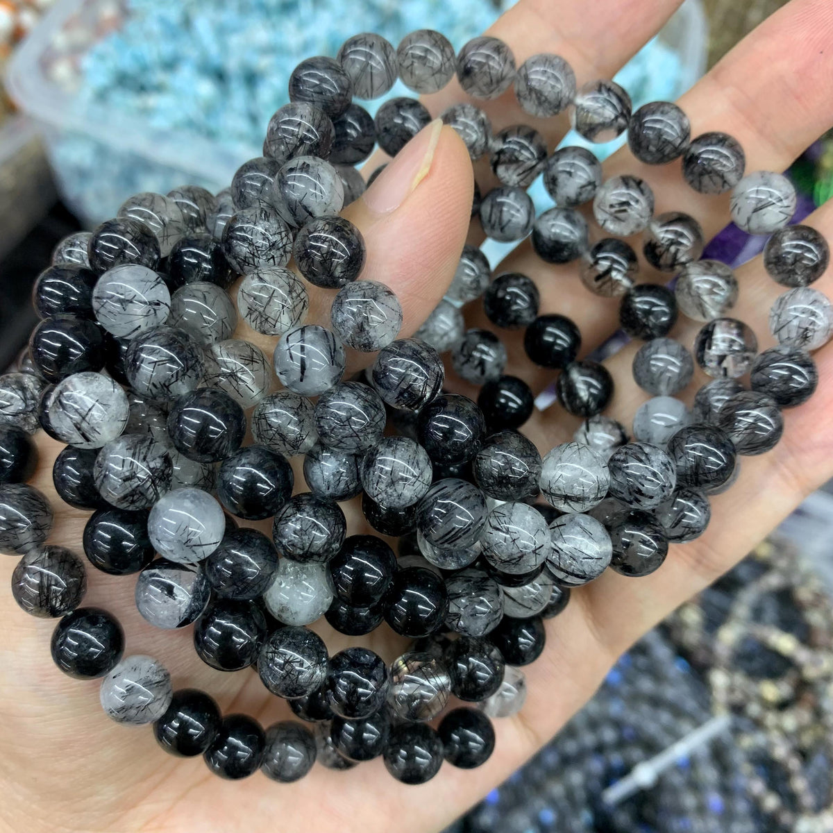 Natural Black Rutilated Quartz 8mm Round Bracelet Black White Gemstone Tourmaline Quartz Loose Beads AAA Loose Bead