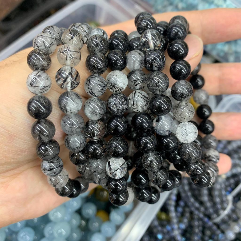 Natural Black Rutilated Quartz 8mm Round Bracelet Black White Gemstone Tourmaline Quartz Loose Beads AAA Loose Bead