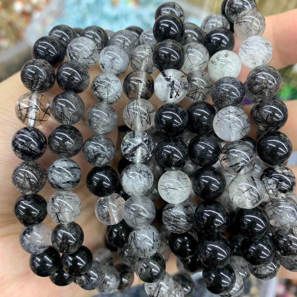 Natural Black Rutilated Quartz 8mm Round Bracelet Black White Gemstone Tourmaline Quartz Loose Beads AAA Loose Bead