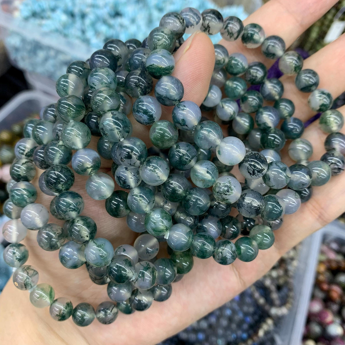 Natural Clear Moss Agate 8mm Bracelet Gemstone Round Loose Green Moss Agate Bead for Jewelry DIY Making Garde AAA