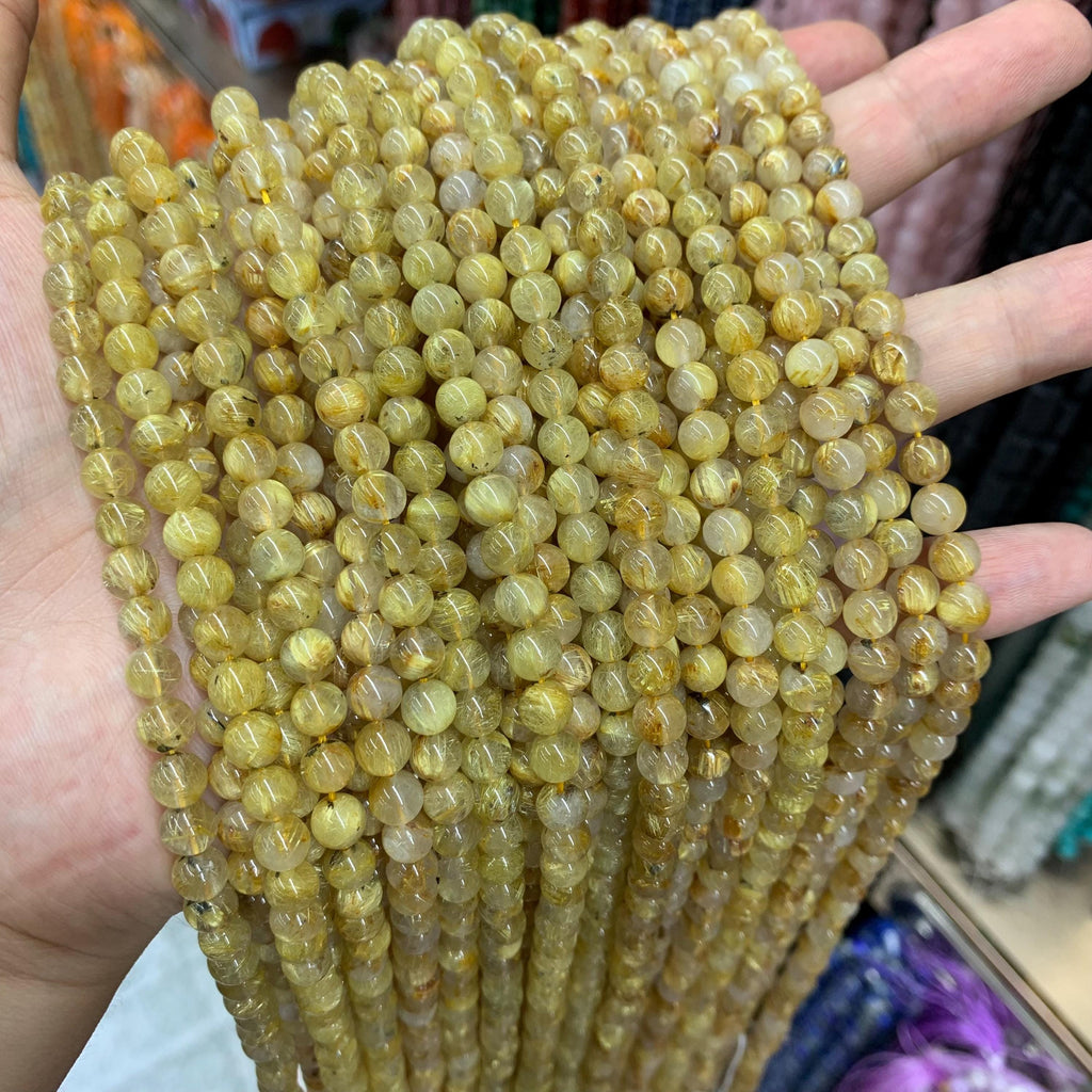 Natural Golden Rutilated Quartz Round Beads 6mm Gemstones semi-precious stone Loose Beads for Jewelry Making 15.5 Inch
