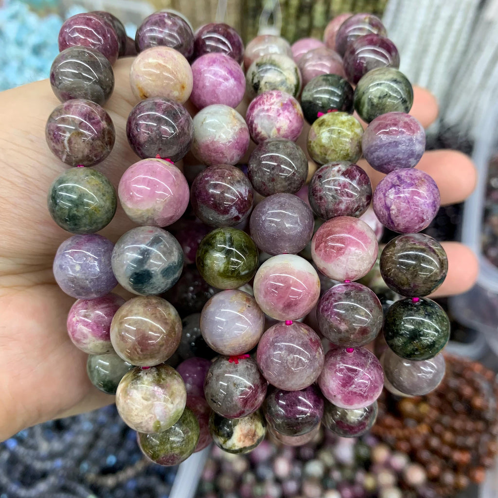 Natura Tourmaline Round Bracelet 6mm 9mm 12mm Multi Color Tourmaline Gemstones Loose Bead for Jewelry Making Strand AAA