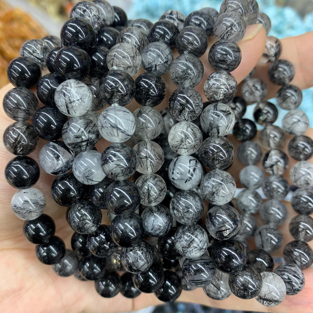Natural Black Rutilated Quartz 8mm Round Bracelet Black White Gemstone Tourmaline Quartz Loose Beads AAA Loose Bead