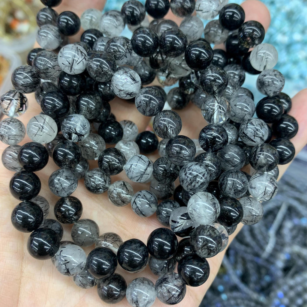 Natural Black Rutilated Quartz 8mm Round Bracelet Black White Gemstone Tourmaline Quartz Loose Beads AAA Loose Bead