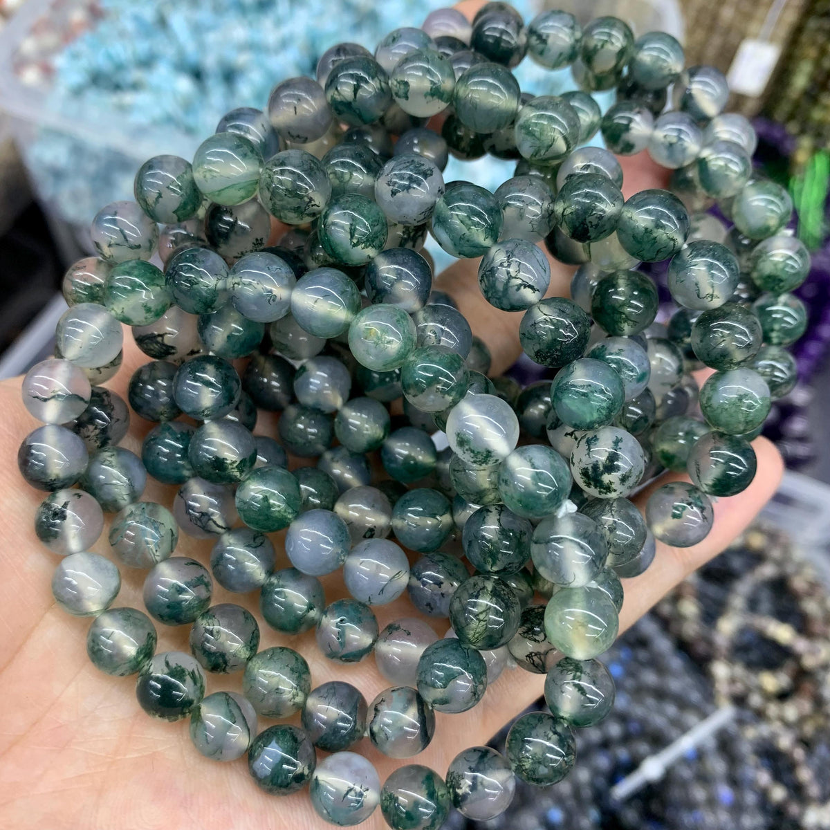 Natural Clear Moss Agate 8mm Bracelet Gemstone Round Loose Green Moss Agate Bead for Jewelry DIY Making Garde AAA