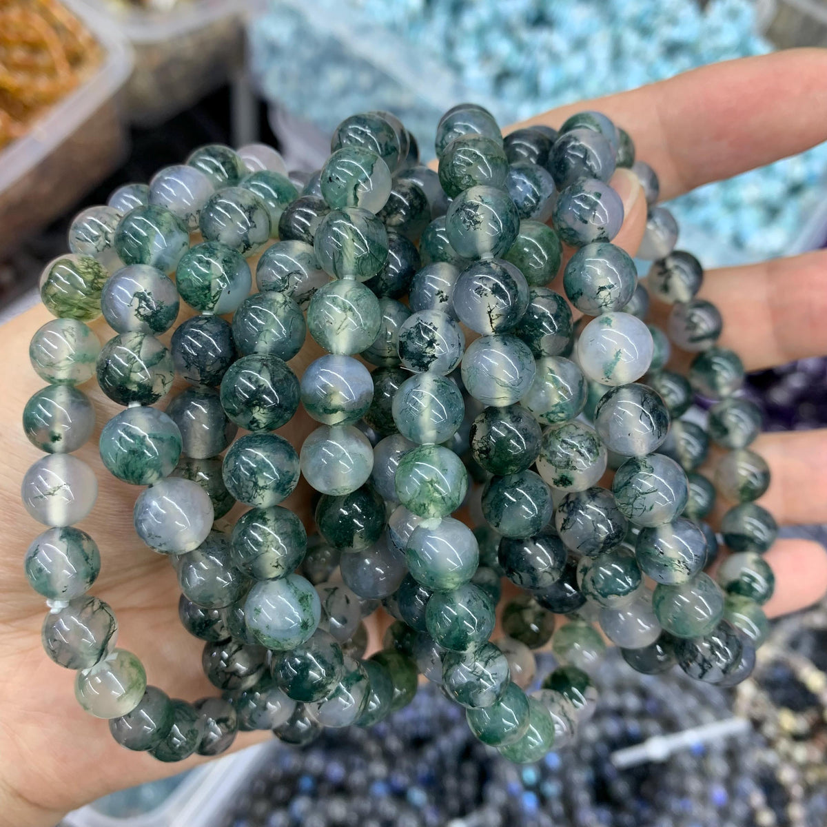 Natural Clear Moss Agate 8mm Bracelet Gemstone Round Loose Green Moss Agate Bead for Jewelry DIY Making Garde AAA