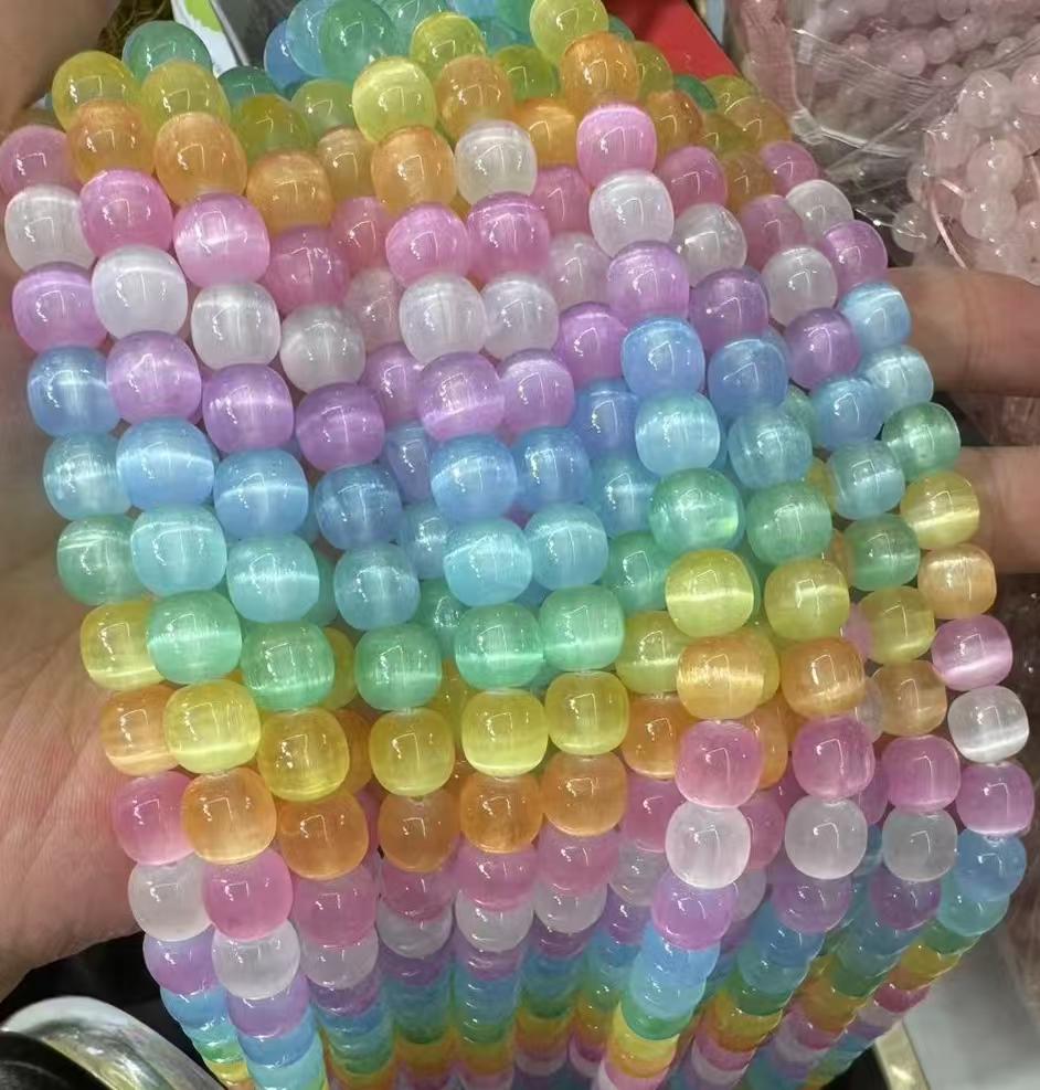 Natural Selenite Barrel Shape Bead Selenite Loose Beads Gemstone Beads Rainbow Multi Color Selenite Gemstone Loose Bead 8*9mm 15.5 Inch AAA