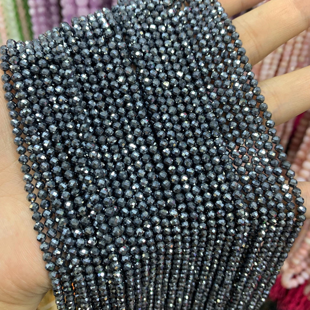 Natural Terahertz Faceted Bead 3mm Energy Silver TeraHertz Gemstone Bead Loose Terahertz Stone Beads 15.5 Inch AAA
