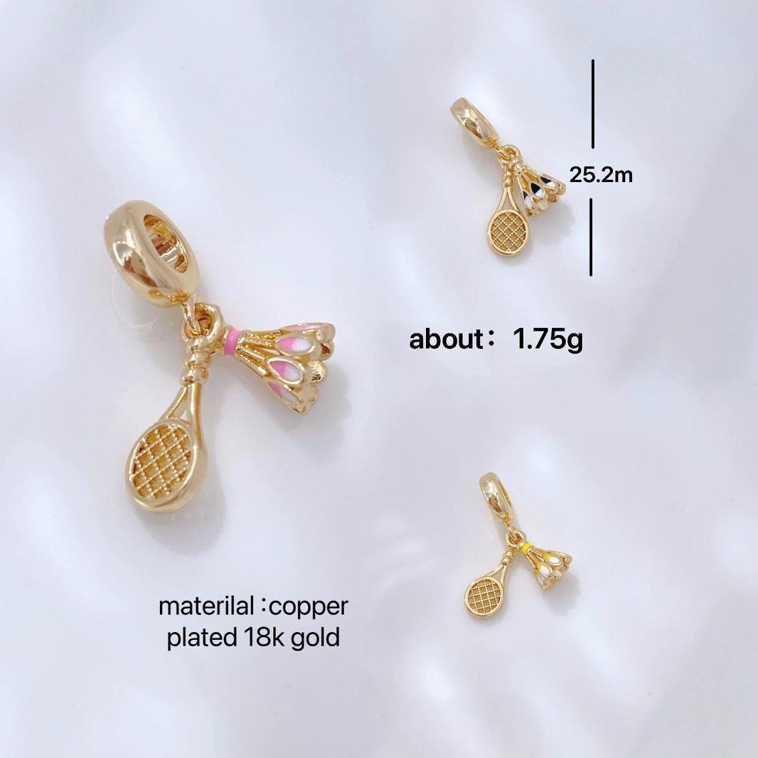 18K Gold Enamel Badminton Pendant, Badminton Shape Pendant Gifts DIY for Women Christmas Charms Pendant for Bracelet  (No Chain)