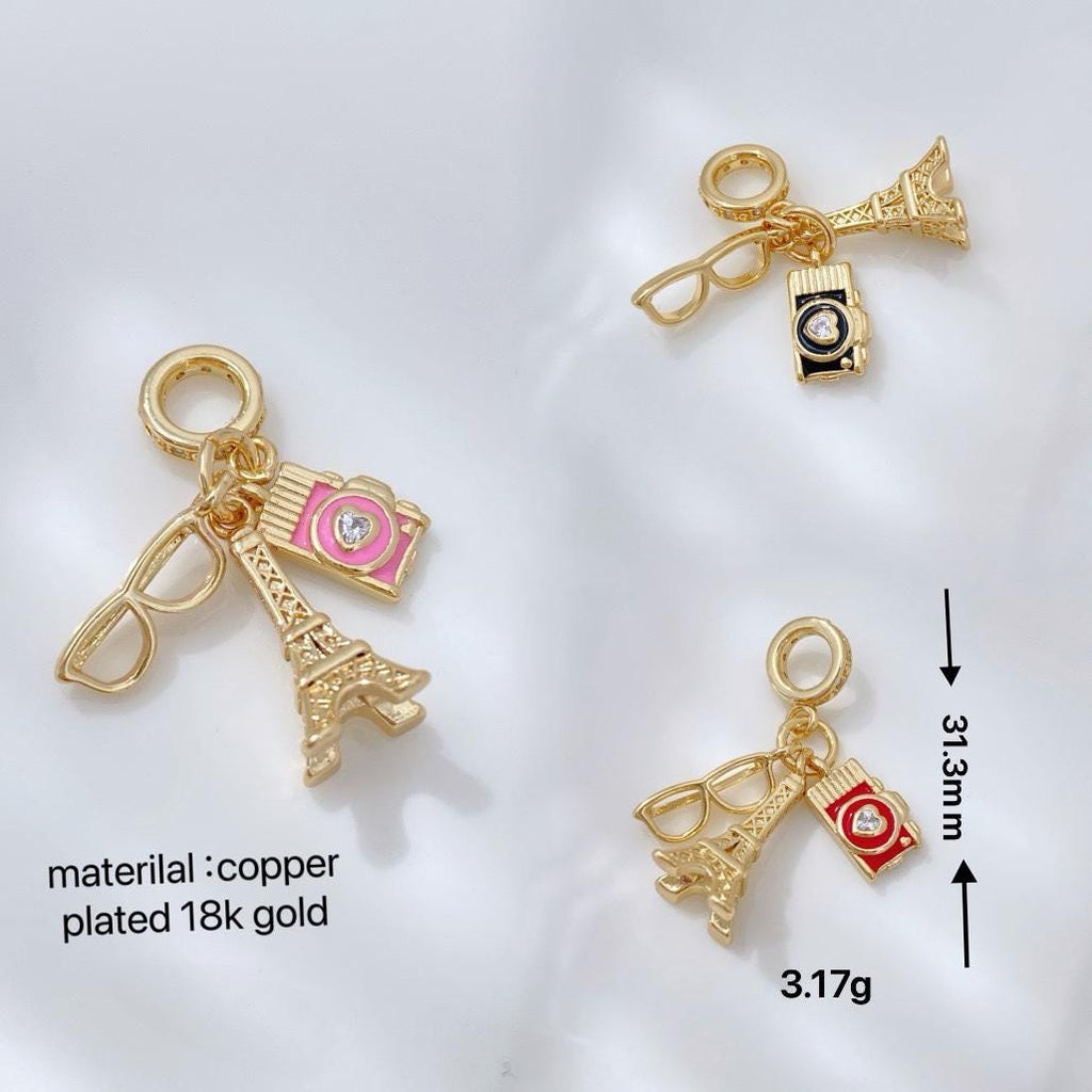 18K Gold Enamel Eiffel Tower Pendant, Camera Glasses Charm (No Chain)