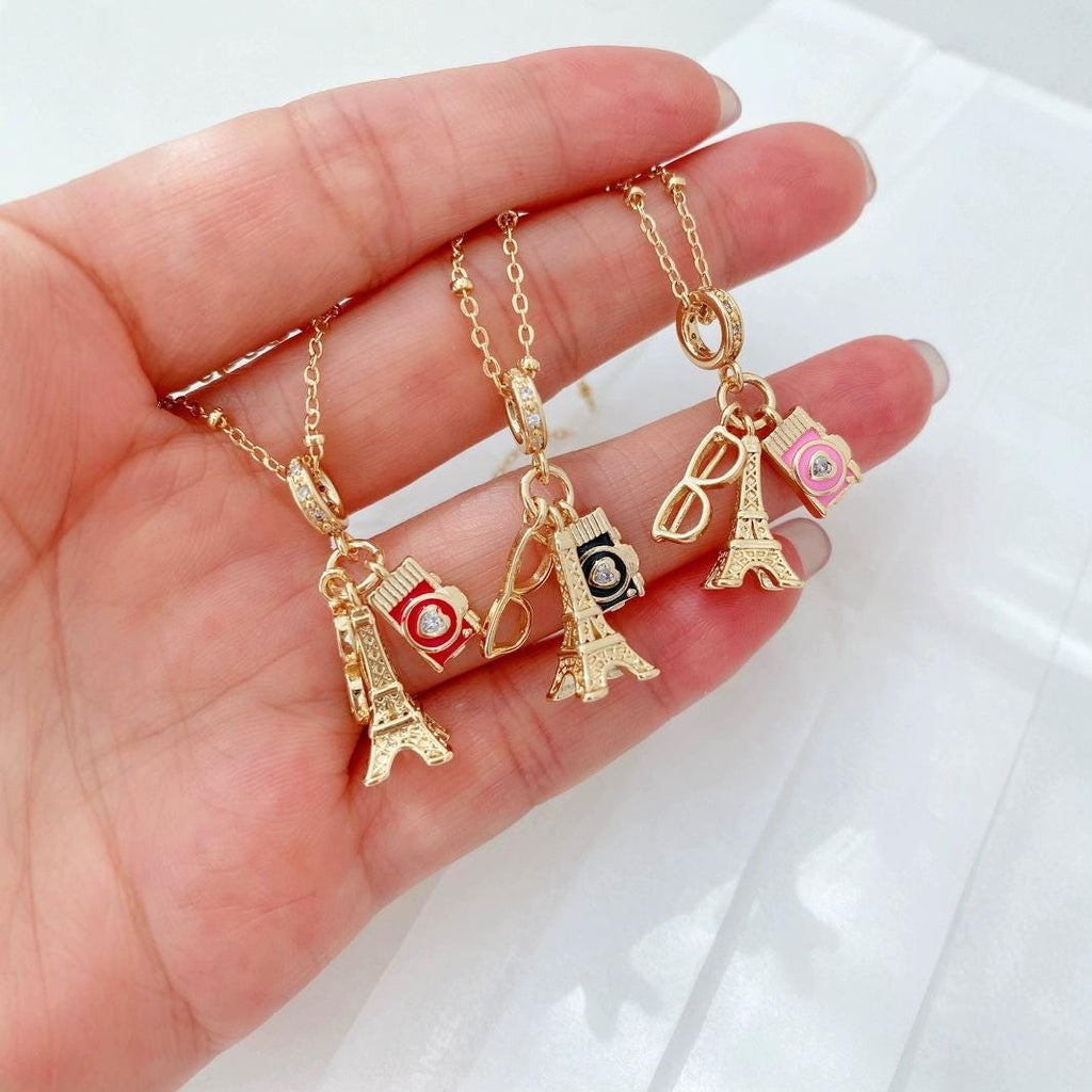 18K Gold Enamel Eiffel Tower Pendant, Camera Glasses Charm (No Chain)