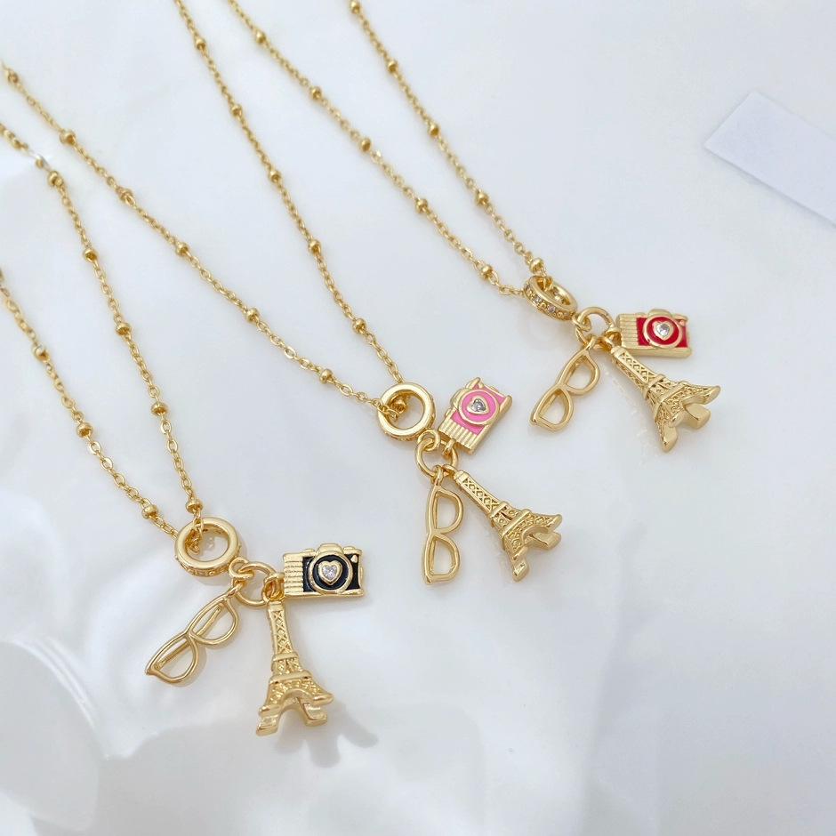 18K Gold Enamel Eiffel Tower Pendant, Camera Glasses Charm (No Chain)