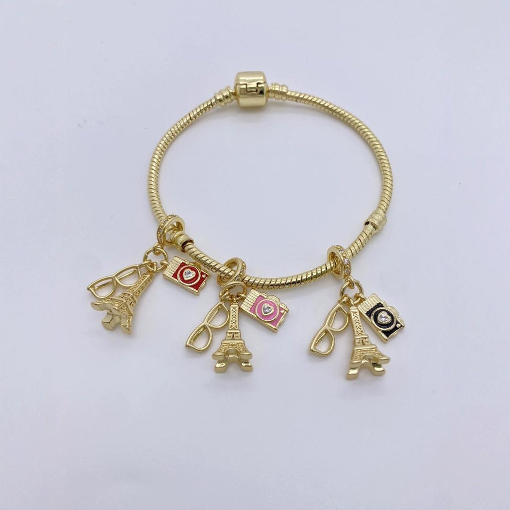 18K Gold Enamel Eiffel Tower Pendant, Camera Glasses Charm (No Chain)