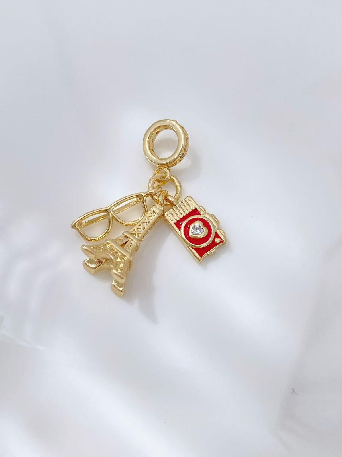 18K Gold Enamel Eiffel Tower Pendant, Camera Glasses Charm (No Chain)
