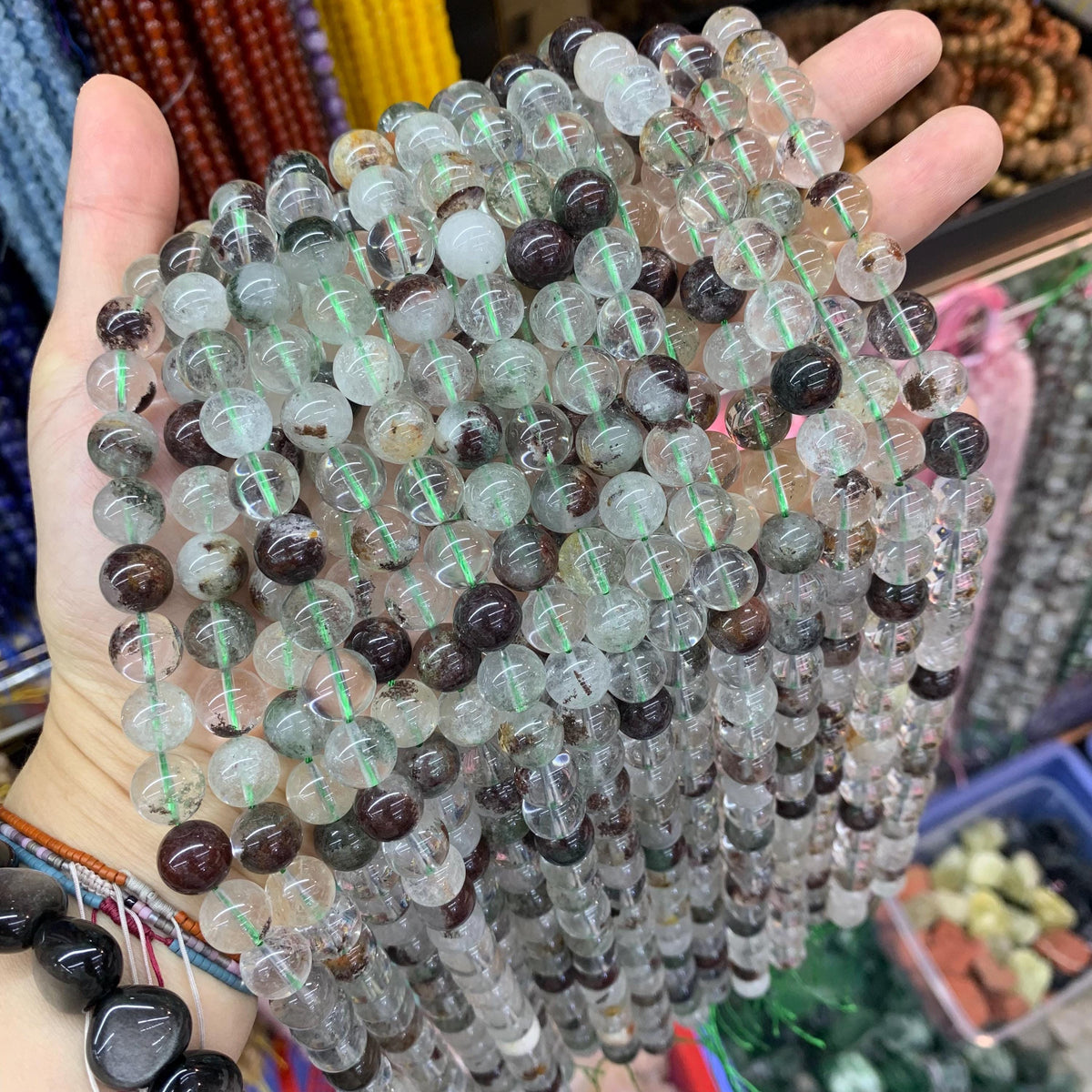 Natural Green Garden Quartz 10MM Round Beads Green Lodolite Quartz Green Phantom Quartz Loose Bead 15.5 Inch Strand AAA Phantom Quartz Beads