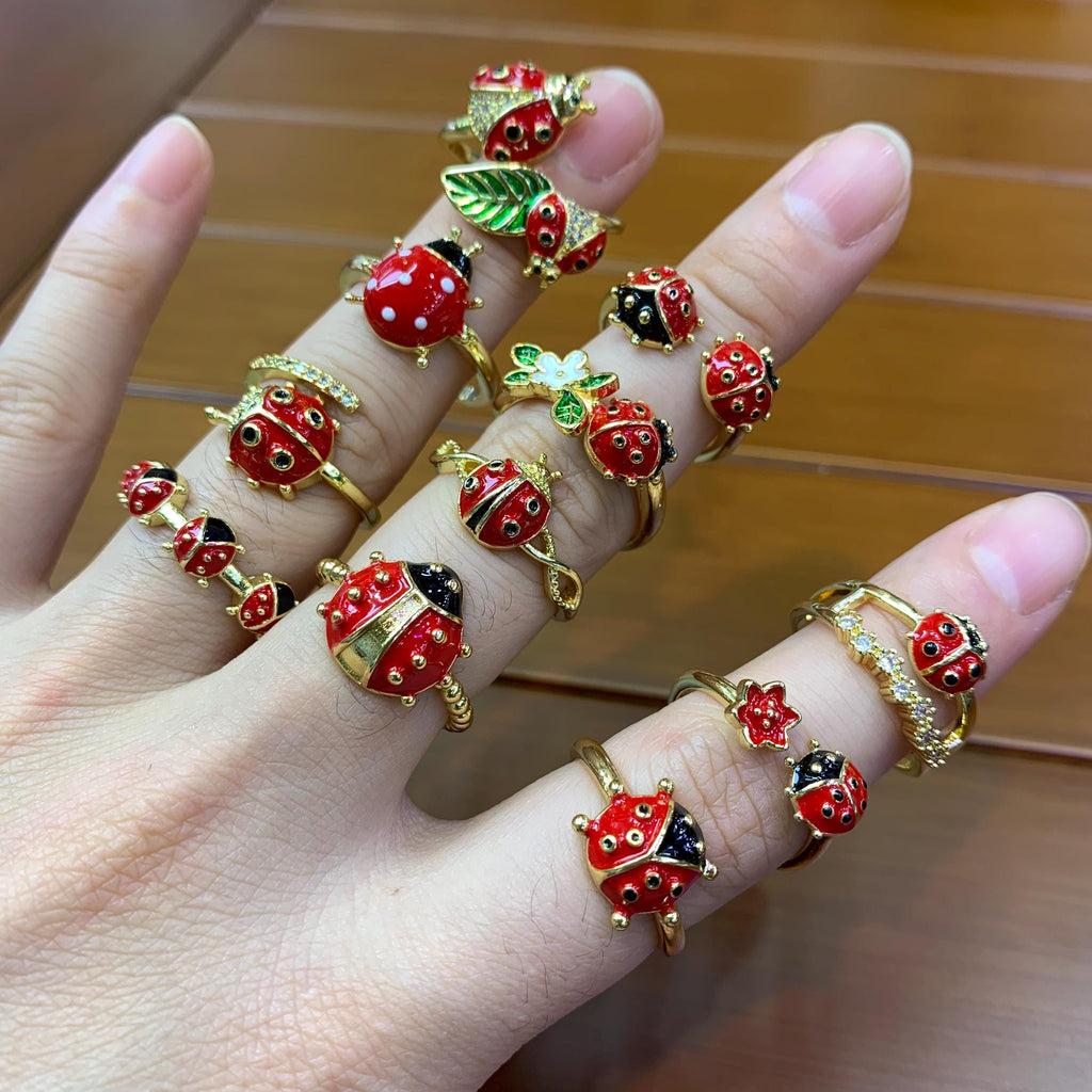 Enamel Ladybird Opening Rings Ladybug Rings Coccinella Septempunctata Opening Rings DIY Gifts for Women